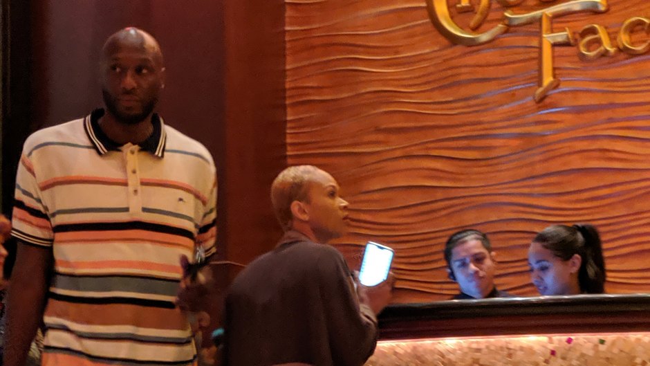 Lamar Odom Wearing a Striped Shirt With Sabrina Parr at Cheesecake Factory
