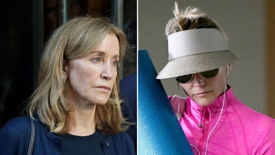Photo Split Of Felicity Huffman Wearing Blue Suit Dress Looking Right, Lori Loughlin Wearing Sunglasses, Visor Bright Pink Down Jacket and Blue Leggings Heading To Yoga
