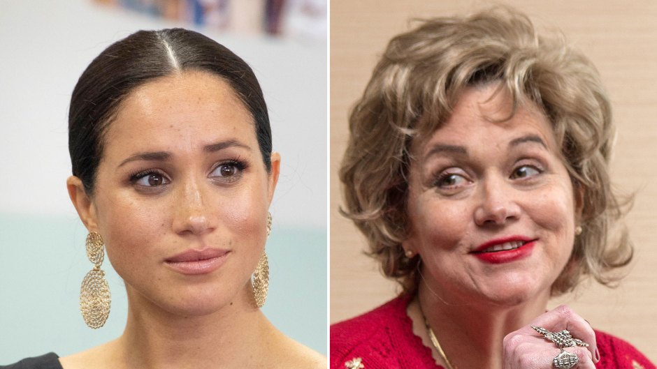Meghan Markle Wearing Gold Disc Earrings, and Black V-neck Jumper, Samantha Markle Wearing Pink Sweater with Christmas Tree on Front
