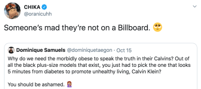 Model Chika Oranika Calls Out Fatphobic Hater Dominique Samuels Over Calvin Klein Billboard
