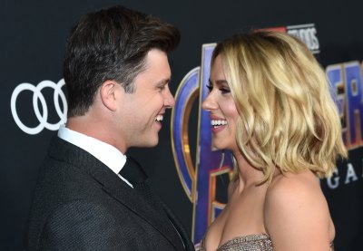 Scarlett Johansson Wearing a Sparkly Dress With Colin Jost