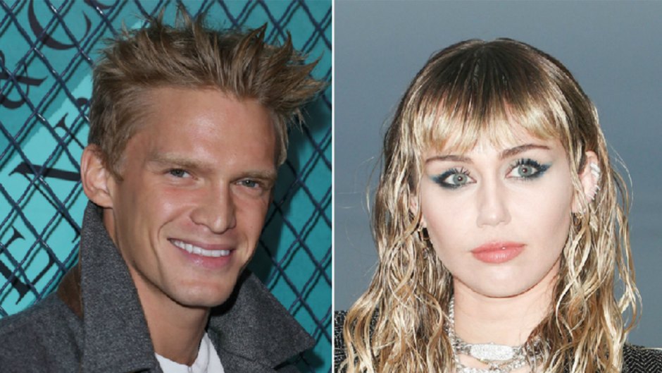 cody simpson wears a white shirt under a gray peacoat; miley cyrus wears a black top under a dark gray blazer; cody simpson opens up about girlfriend miley cyrus