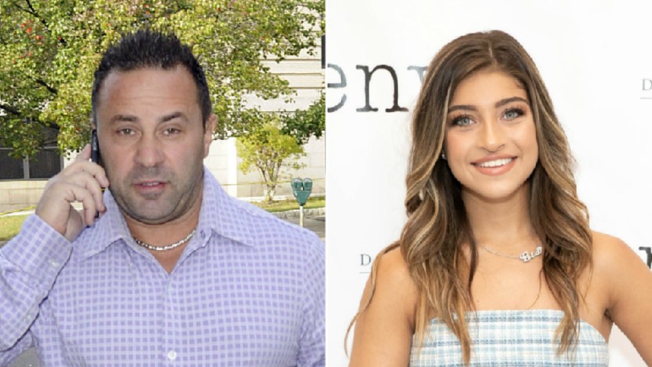rhonj star joe giudice wears a white and lavendar button down checkered shirt with jeans while talking on a cell phone in 2014, rhonj star gia giucide wear a blue and white mini dress in may 2019 joe giudice facetimes daughter gia after ice release