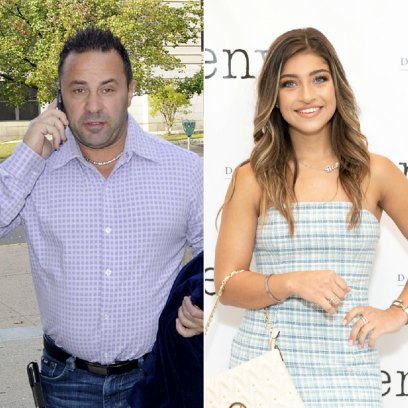 rhonj star joe giudice wears a white and lavendar button down checkered shirt with jeans while talking on a cell phone in 2014, rhonj star gia giucide wear a blue and white mini dress in may 2019 joe giudice facetimes daughter gia after ice release