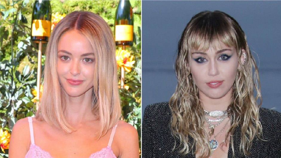 miley cyrus wears light pink satin and lace lingerie top with pink and white plaid skirt and blue and pink plaid jacket; miley cyrus wears black tup underneath a black blazer kaitlynn carter seemingly reacts to miley cyrus' new relationship