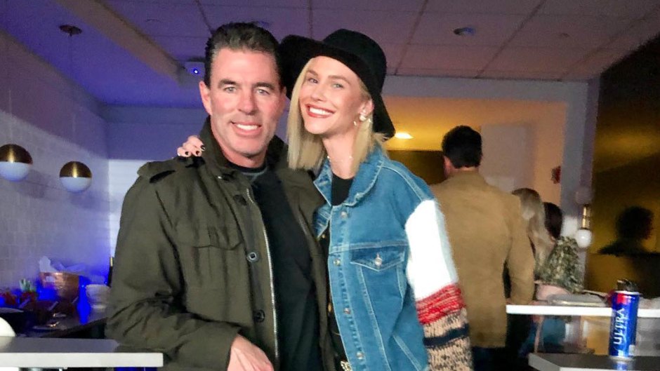 meghan king edmonds wears a denim jacket with patchwork sleeves with black jeans and boots while jim edmonds wears black shirt army green jacket and jeans