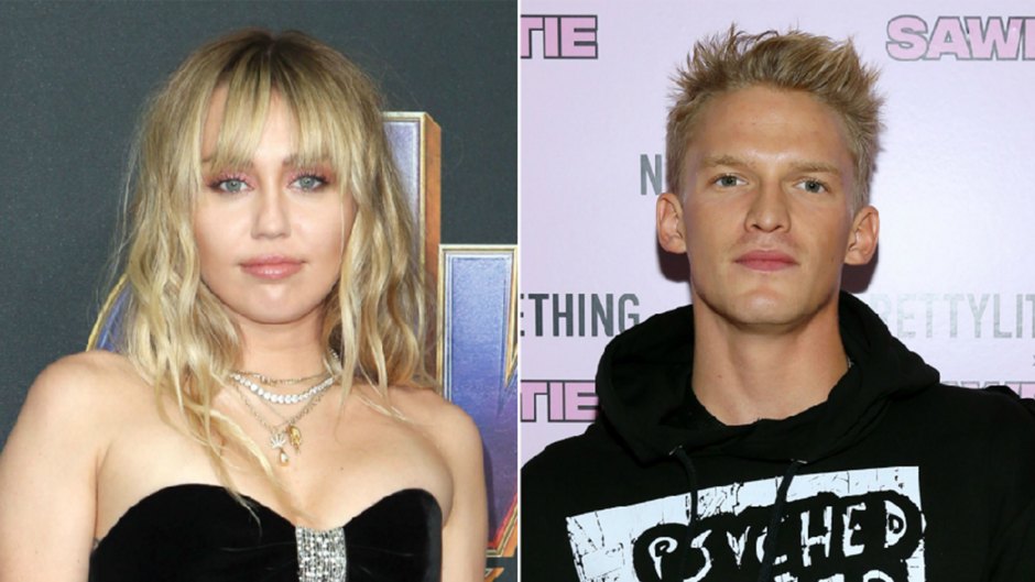 miley cyrus wears black dress with heart cut out at avengers endgame red carpet premiere in april 2019; cody simpson wears black graphic hoodie at PrettyLittleThing x Saweetie show NYFW september 2019 miley cyrus cody simpson kiss in pda photo