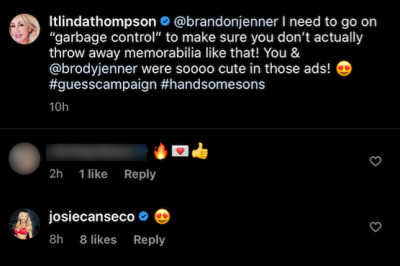 josie canseco leaves a flirty comment about her ex boyfriend brody jenner on his mom linda thompson's instagram