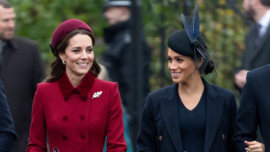 kate middleton wears a red a-line coat with a matching beret white meghan markle wears navy blue coat with matching hat. meghan markle and kate middleton will be civil at remembrance day events