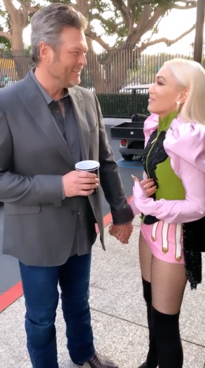 Blake Shelton Wearing a Suit With Gwen Stefani in a Pink Outfit