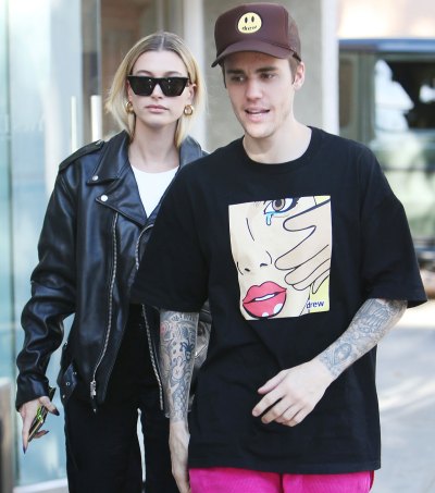 Hailey Baldwin Bieber, Wearing Sunglasses and Motorcycle andJustin Bieber Wear DREW T-Shirt and Baseball Cap