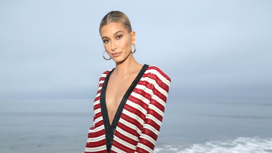 Hailey Baldwin Wearing Red and White Striped Dress