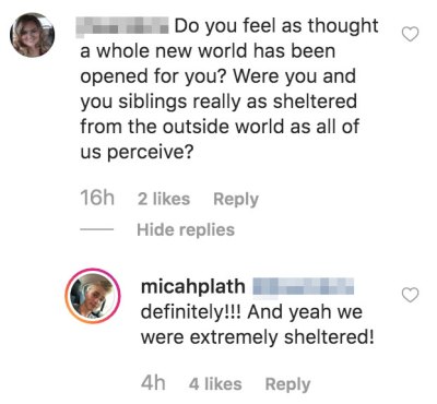 Micah Plath Admits He and His Siblings Were Extremely Sheltered Instagram Comment