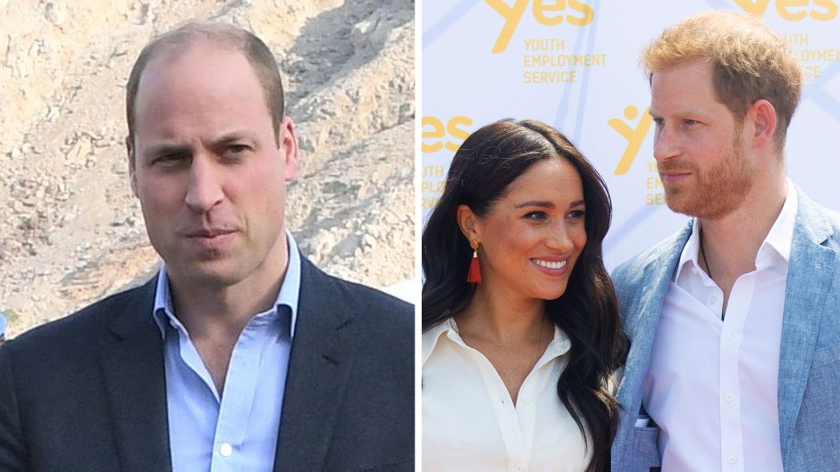 Left: Prince Willian In Blue Gray Suit With Blue Dress Shirt, Right: Duchaes Meghan (Markle) Wearing White Shirt Dress With Prince Harry Wearing Light Bue Blazer and White Dress Shirt Prince William ‘Secretly Relieved’ Prince Harry and Duchess Meghan Won’t Be Joining Christmas Festivities