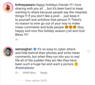 britney spears' boyfriend sam asghari defended her in a comment on instagram