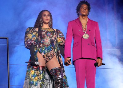 Beyonce Wearing a Patterned Dress With Jay-Z in Pink