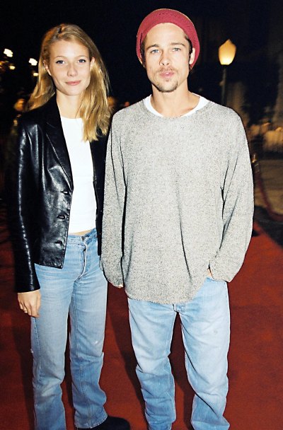 Gwyneth Paltrow Wearing a Black Jacket With Jeans With Brad Pitt in a Sweater and Jeans