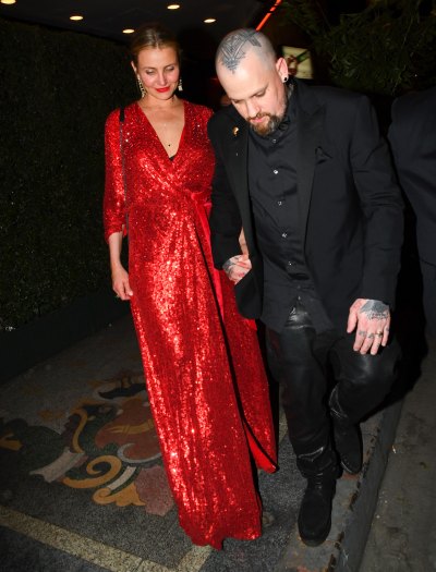 Cameron Diaz Wearing a Red Dress With Benji Madden