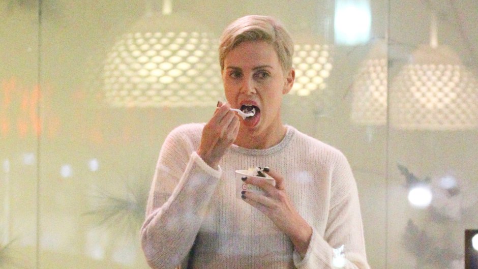 Charlize Theron Wearing a White T-Shirt at Pinkberry