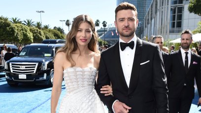 Jessica Biel Wearing a White Dress and Justin Timberlake in a Suit