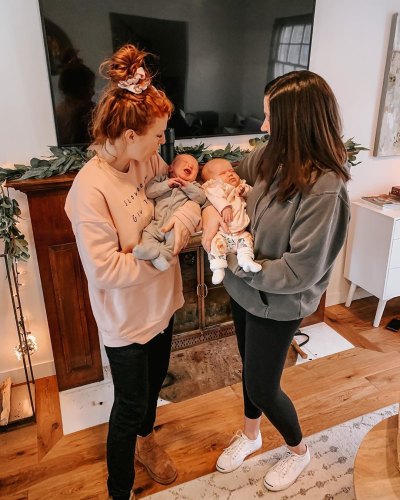 audrey and tori roloff holding their babies bode and lilah