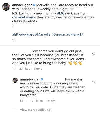 'Counting On' Star Anna Duggar Says She Breastfeeds While Out on Date Night With Husband Josh reply