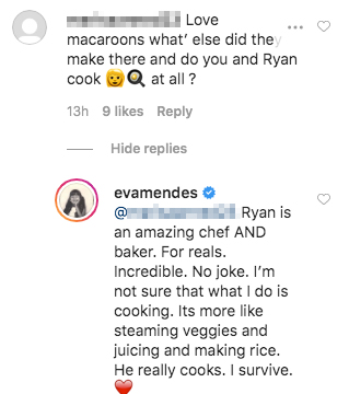 Eva Mendes Replies Back to a User About Ryan Gosling's Cooking
