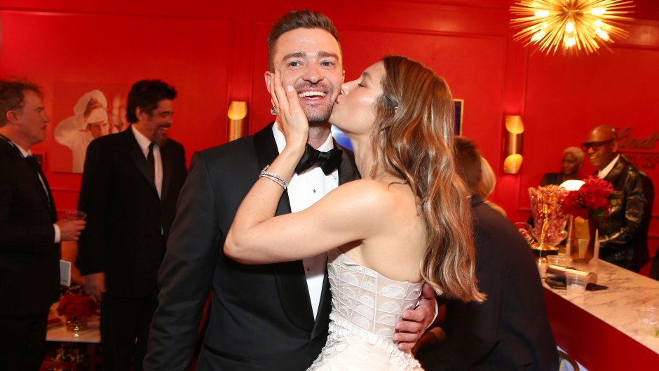 Jessica Biel in a White Dress Kissing Justin Timberlake