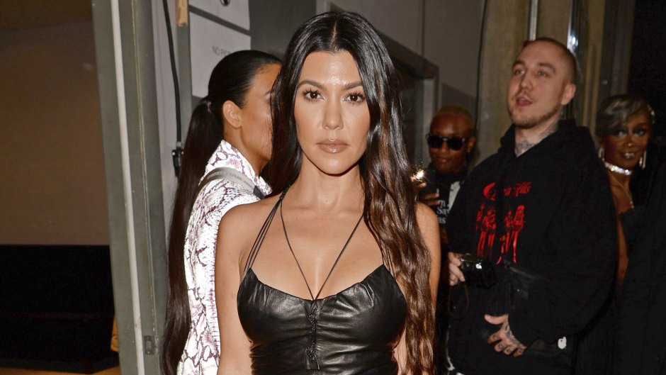 Kourtney Kardashian Wears Tight Metallic Black Dress and Strappy Heels