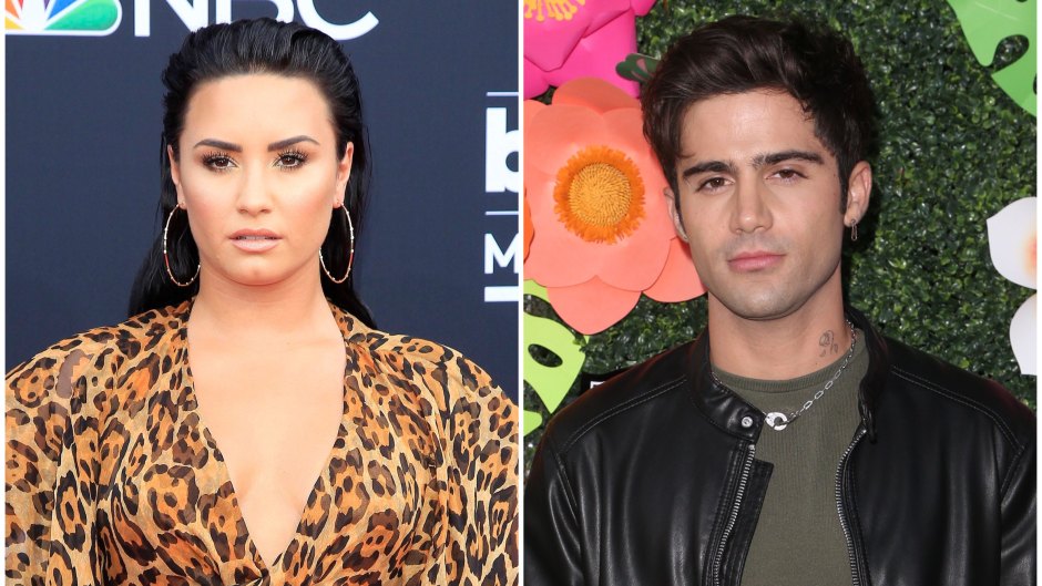 Demi Lovato Wears Cheetah Print Dress and Hoop Earrings With Hair Slicked Back in Split Image With Max Ehrich in Green Tshirt and Leather Jacket