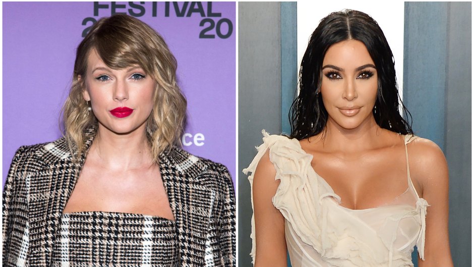 Taylor Swift Smiles in Plaid Jumpsuit and Matching Jacket With Red Lip in Split Image With Kim Kardashian in Tan Gown at Vanity Fair Oscars Afterparty