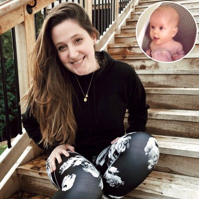 Inset Photo of Lilah Ray Roloff in Bath Over Tori Roloff Sitting on Stairs