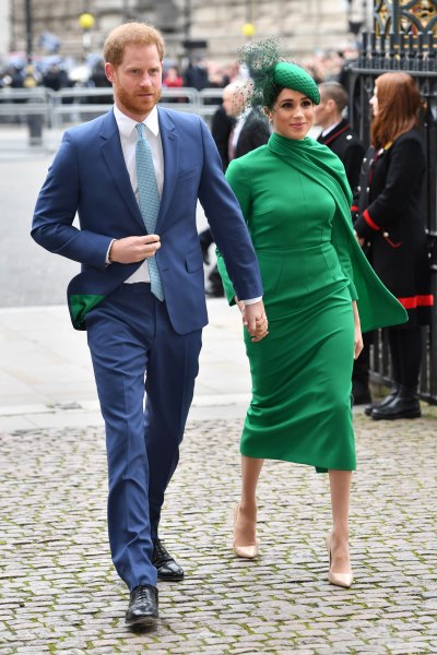 Meghan Markle wears Kelly Green Dress and Hat with Prince Harry in Blue Suit for Commonwealth Day