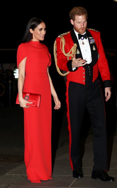 Meghan Markle Wears Long Red Dress With Cape With Husband Prince Harry in Dress Uniform