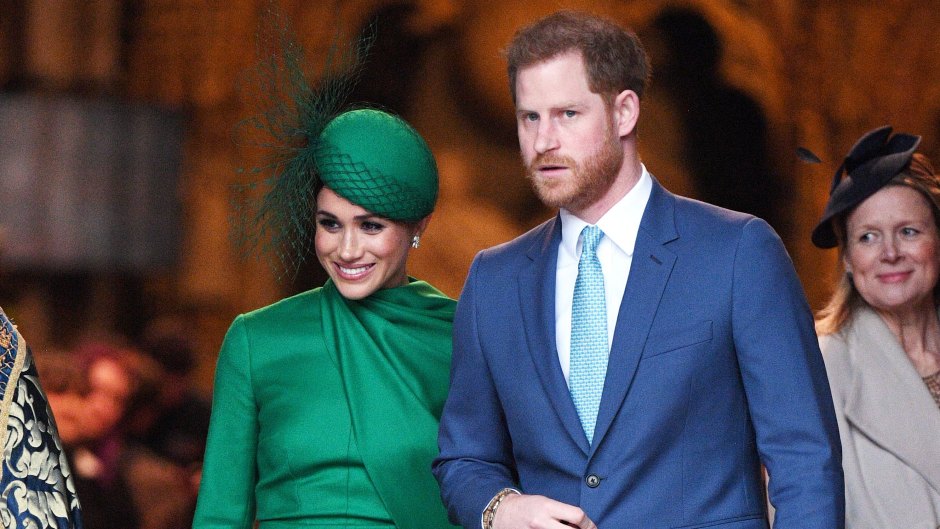 Meghan Markle Smiles Wearing Green Long Sleeve Dress and Hat With Husband Prince Harry in Blue Suit