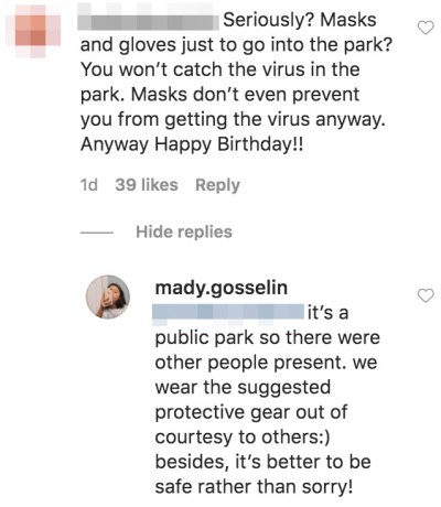 Mady Gosselin Claps Back After Wearing Gloves and Mask to the Park