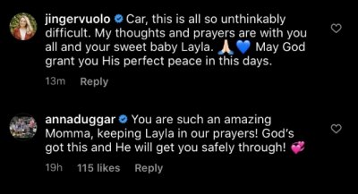 jinger vuolo and anna duggar send support to carlin bates in comments
