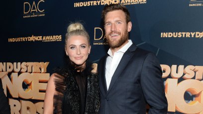 Julianne Hough Wears Short Silver Dress with Black Lace Collar and Hair Up With Husband Brooks Laich in Blue Suit