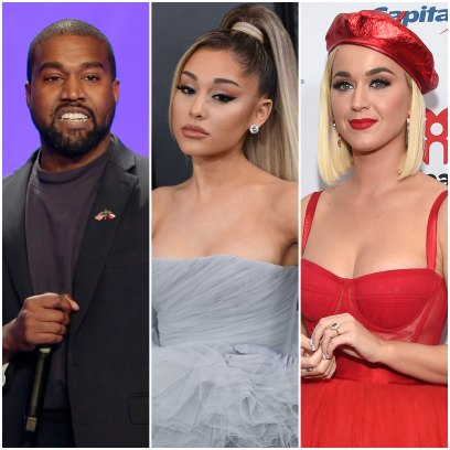 Kanye West in Black Blazer Ariana Grande Grey Puffy Gown Katy Perry Red Sparkly Hat