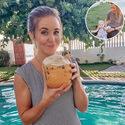 Jana Duggar Holding Coconut In Front of Pol WIth Inset Photo of Jana Duggar Wearing Pants Playing With Niece Grace Duggar