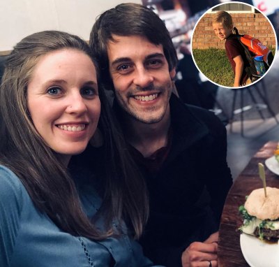 Inset Photo of Israel Dillard With Backpack on First Day of School Over Selfie of Jill Duggar and Husband Derick Dillard