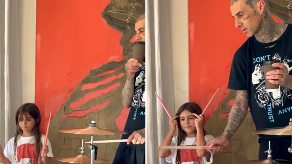 Travis Barker Helps Penelope Disick Learn to Play the Drums
