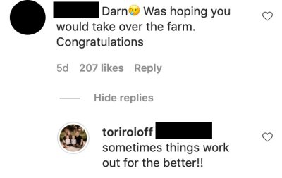 Tori Roloff replies to an Instagram comment