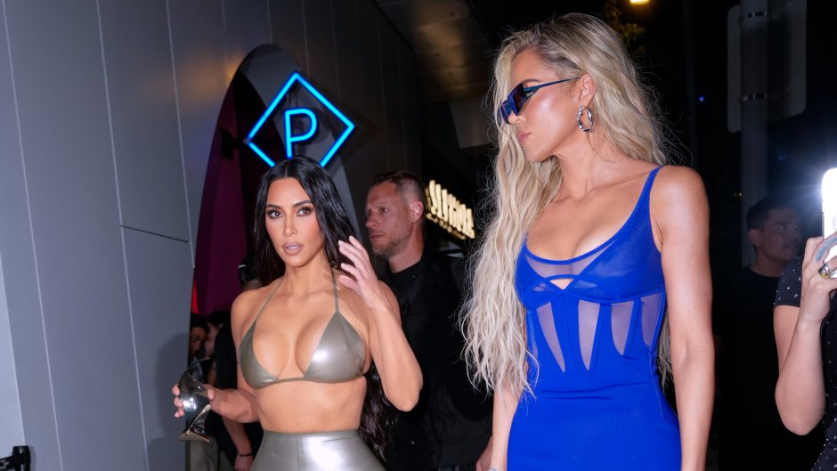 Khloe Kardashian and Kim Kardashian arrive at SKIMS SWIM popup store in Miami, FL