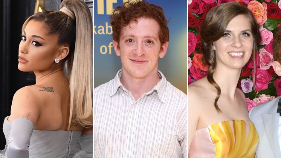 A three-split image of Ariana Grande in a gray dress, Ethan Slater wearing a striped collared shirt and Lilly Jay wearing a yellow and pink gown at the Tony Awards