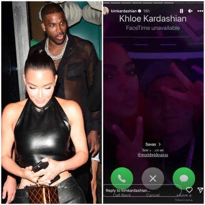 (L) Kim Kardashian and Tristan Thompson leave a Miami restaurant together, (R) Khloe Kardashian unavailable on a FaceTime call from Kim Kardashian