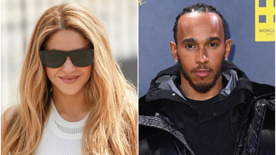 (L) Shakira poses in a white tank top, black pants and black sunglasses; (R) Lewis Hamilton poses in a black shirt and black puffer jacket