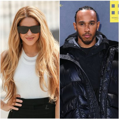 (L) Shakira poses in a white tank top, black pants and black sunglasses; (R) Lewis Hamilton poses in a black shirt and black puffer jacket