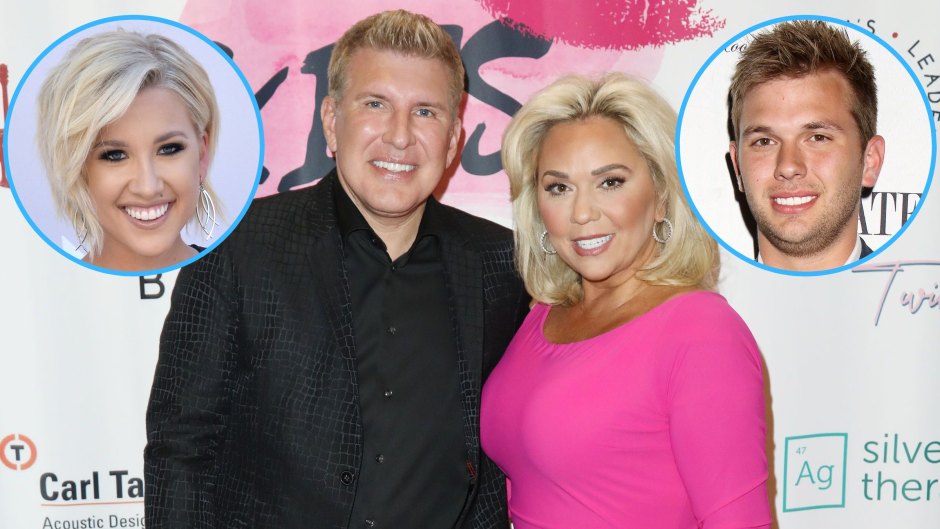 Todd and Julie Chrisley smiling for photos, with two insets of a photo of their daughter Savannah Chrisley and Chase Chrisley