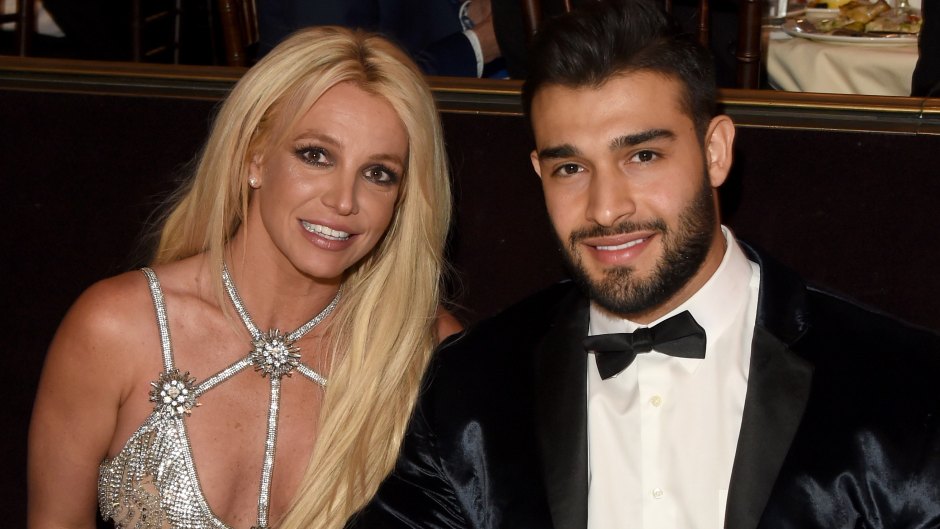 Britney Spears wearing a sparkling sliver dress with Sam Asghari wearing a black tuxedo at the GLAAD Media Awards